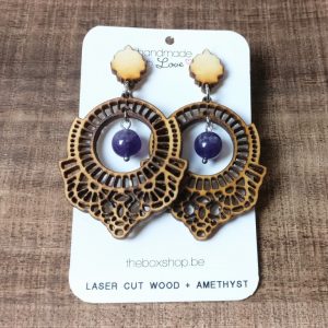 laser cut wood earrings amethyst