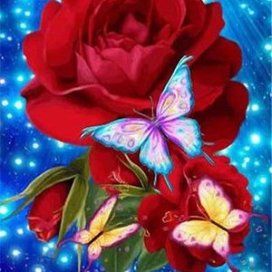Diamond painting rode rozen met vlinders